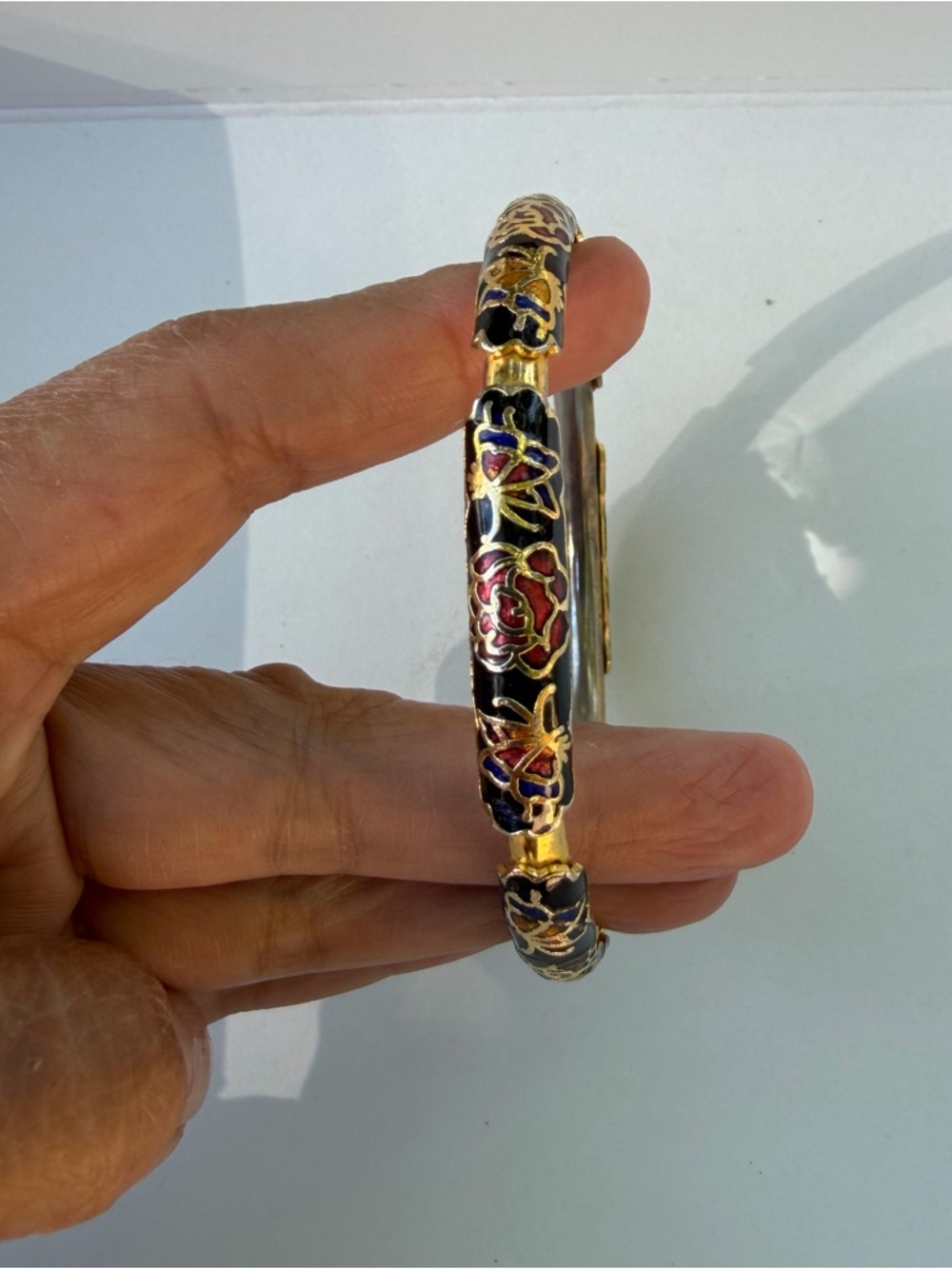 Vintage Cloisonné Bangle Bracelet with Floral Metal Enamel